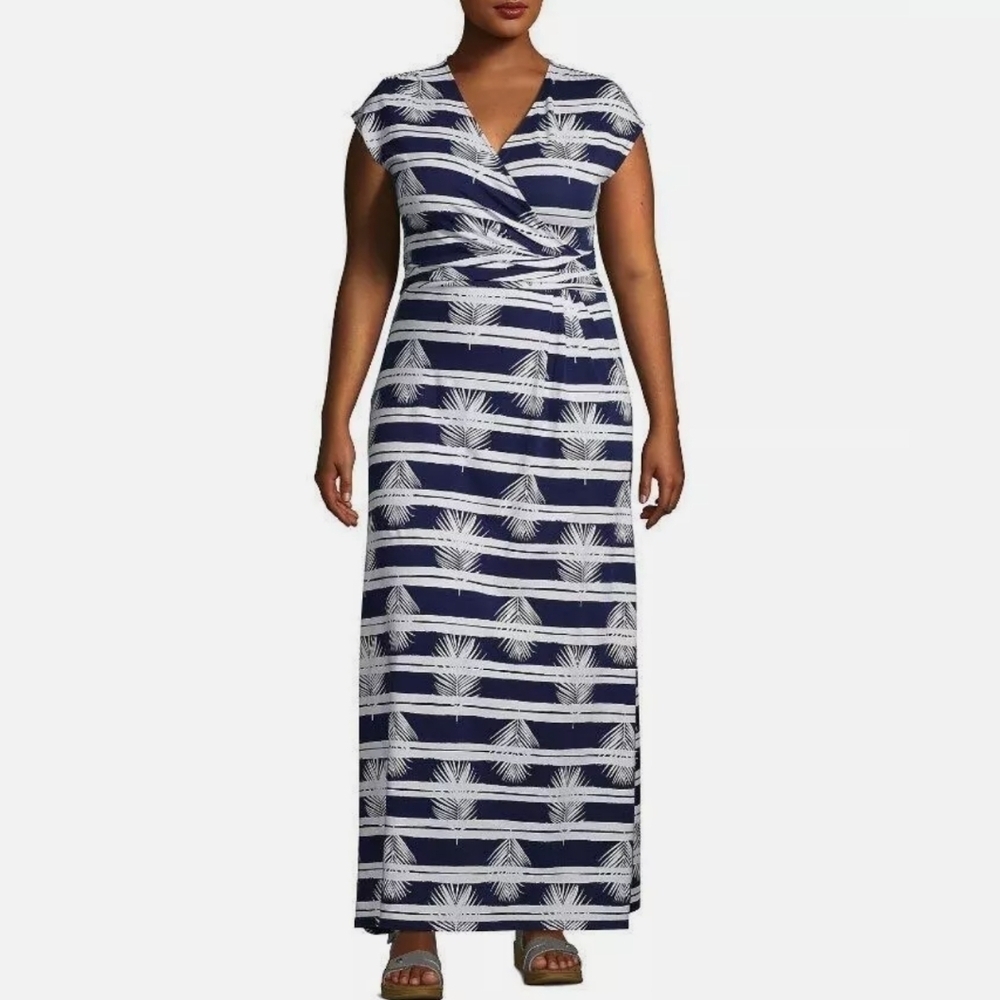 Lands' End Cap Sleeve Surplice Wrap Maxi Dress Blue Stripe Leaf Pattern Size 2X